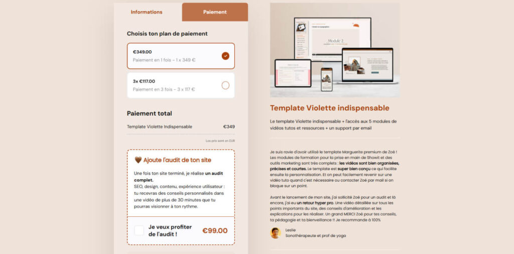 Exemple d'une page de checkout ThriveCart et d'un order bump