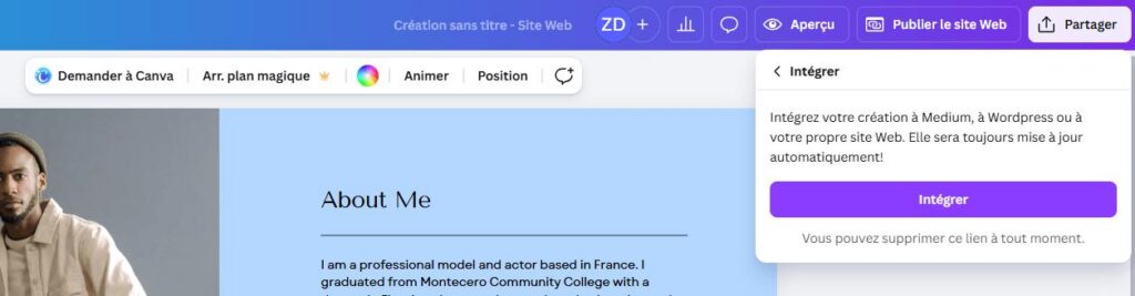 Capture d'écran de Canva pour exporter un site Canva vers WordPress