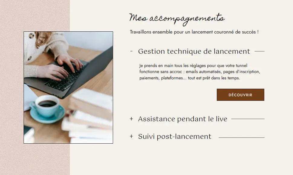Exemple de la section services de la page d'accueil sur le site d'une assistante virtuelle