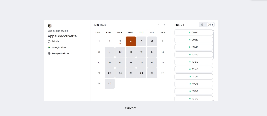 Exemple de l'interface de Cal.com, alternative de Calendly, pour ajouter un calendrier de prise de rendez-vous sur son site internet