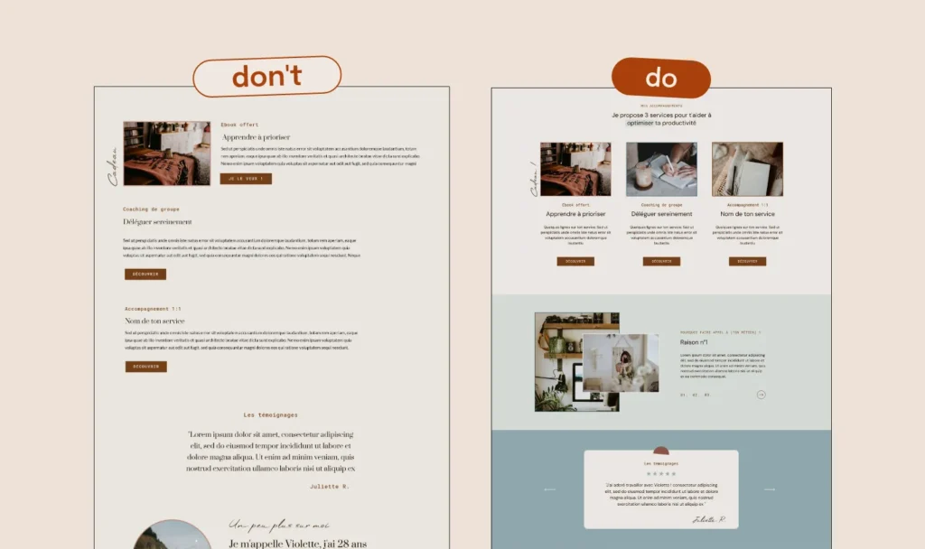 Exemple d'amélioration site internet : découper la page en différentes sections