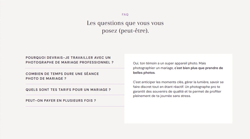 Exemple de la FAQ d'un site d'une photographe de mariage