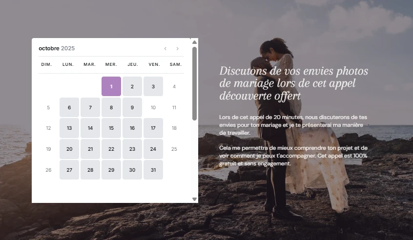 Exemple de la page contact d'un site de photographe de mariage